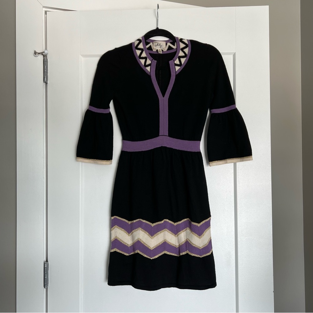Milly Merino Wool Sweater Dress 3/4 Bell Sleeve Chevron print size P/XS